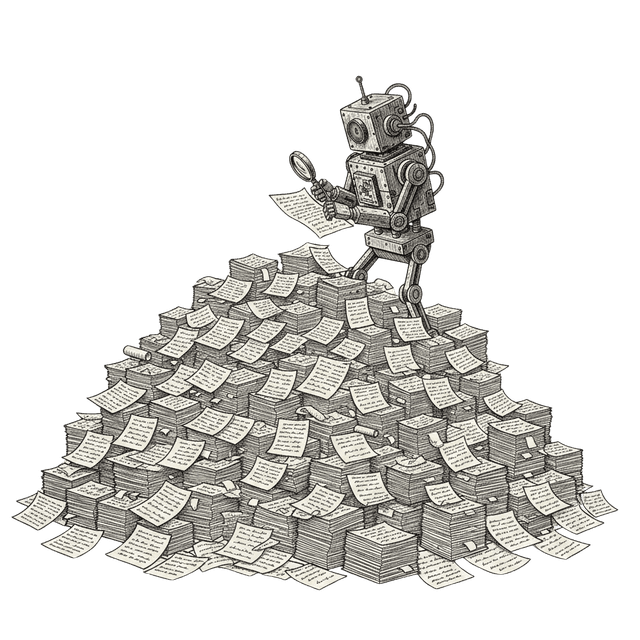 Zepely robot with a pile of invoices